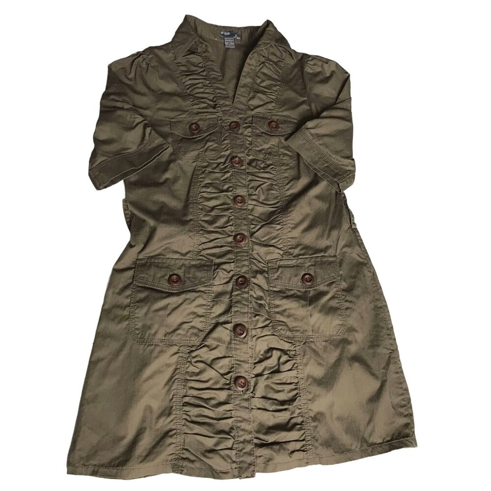 Poetry Clothing Womens Size 9 Olive Green Tunic Shirt Dress Utility Top Button